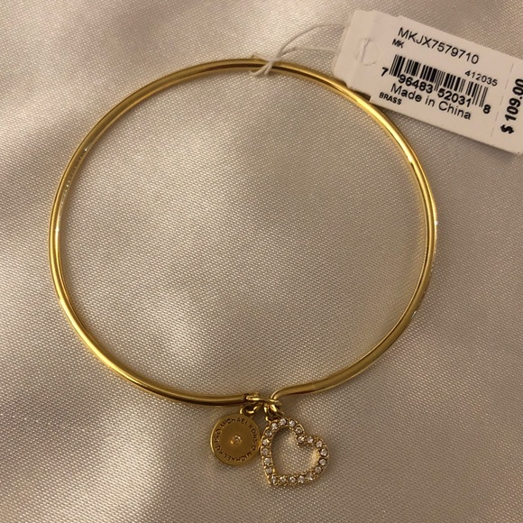 Michael Kors Gold Plated Over Brass Bangle With Logo & Heart Charms NWT - Picture 8 of 10